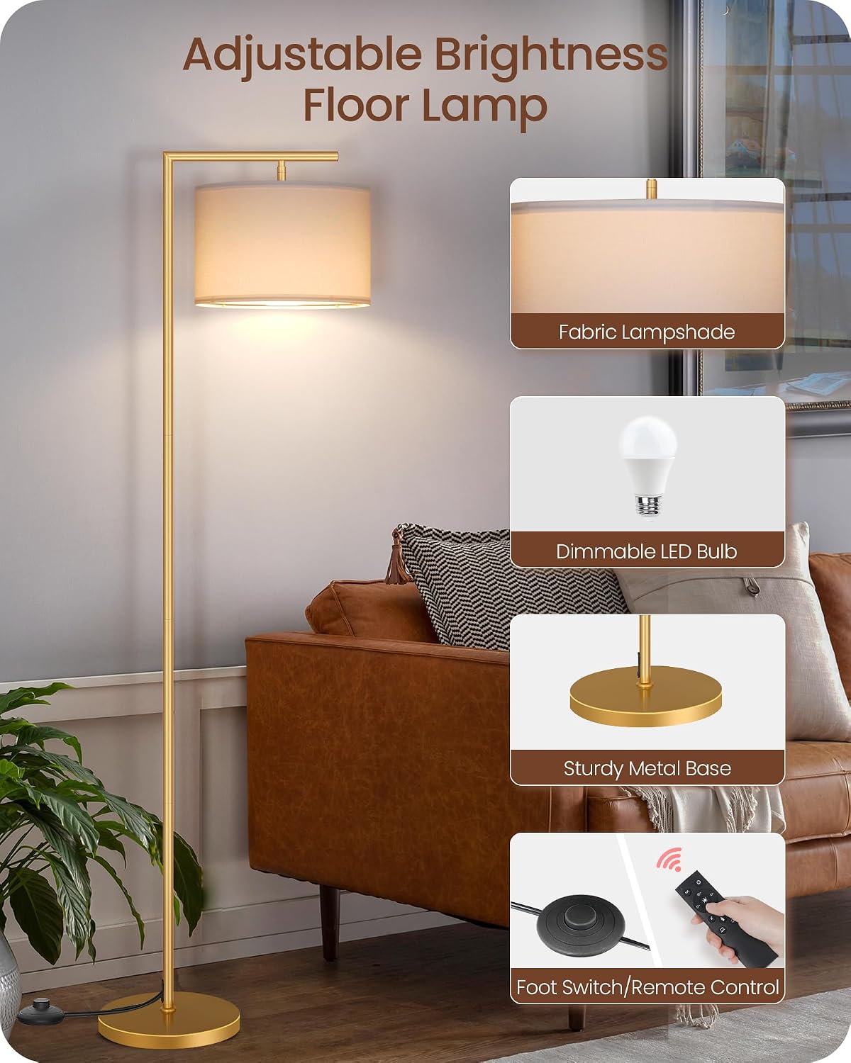 Gold Dimmable Floor Lamp, Modern Arc Lamp with Remote, Standing Corner Light with Lampshade, Tall Reading Lighting for Bedroom, Living Room, Office, Den, White, LED Bulb Included, DW11LD05