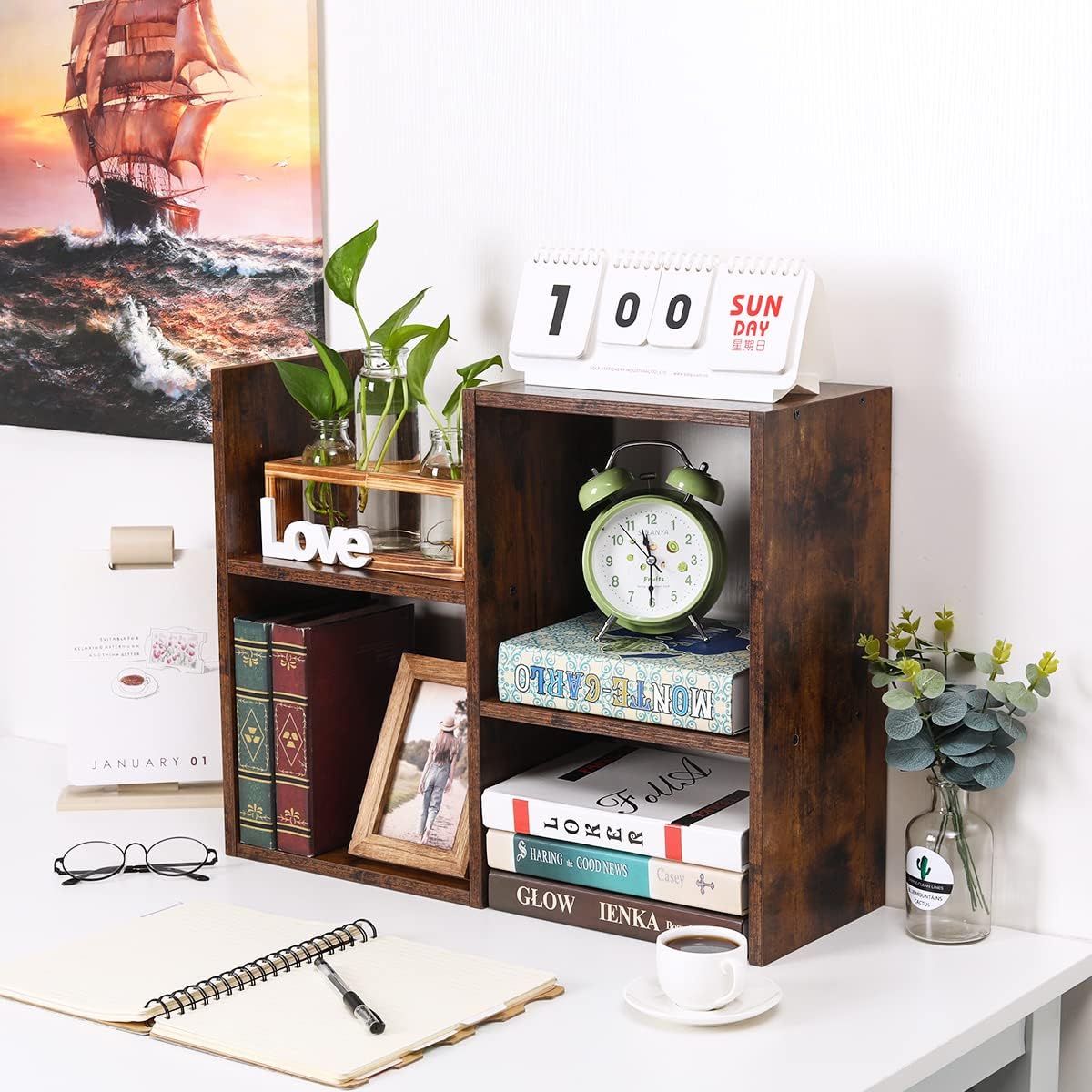 PAG-Mass Desktop Bookshelf Freestanding Wooden Countertop Bookcase Accessories Organizer Display Rack Dorm Desk Storage Shelf