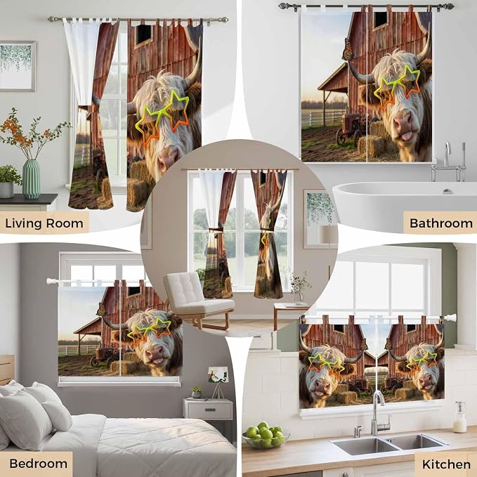 Farm Yaks Kitchen Curtains 24 Inch Length, Small Window Curtains Tab Top