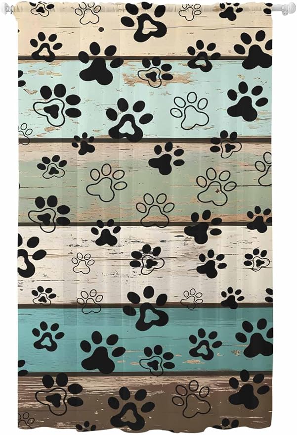 Sheer Curtains 84 Inches Long, Sage Green Brown Paw Prints Semi Sheer Curtains