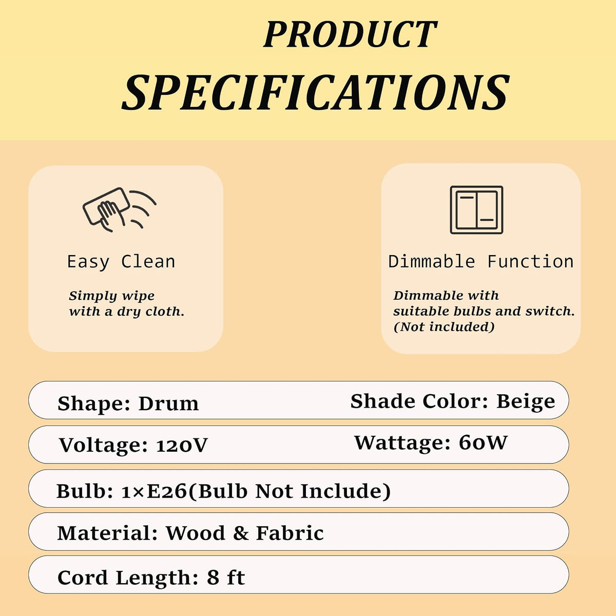 Natural Wood Table Lamp W22 inch 1-Light Bedside Desk Lamp with Beige Fabric Drum Shade Small Nightstand Lamp for Bedroom Living Room Dining Room