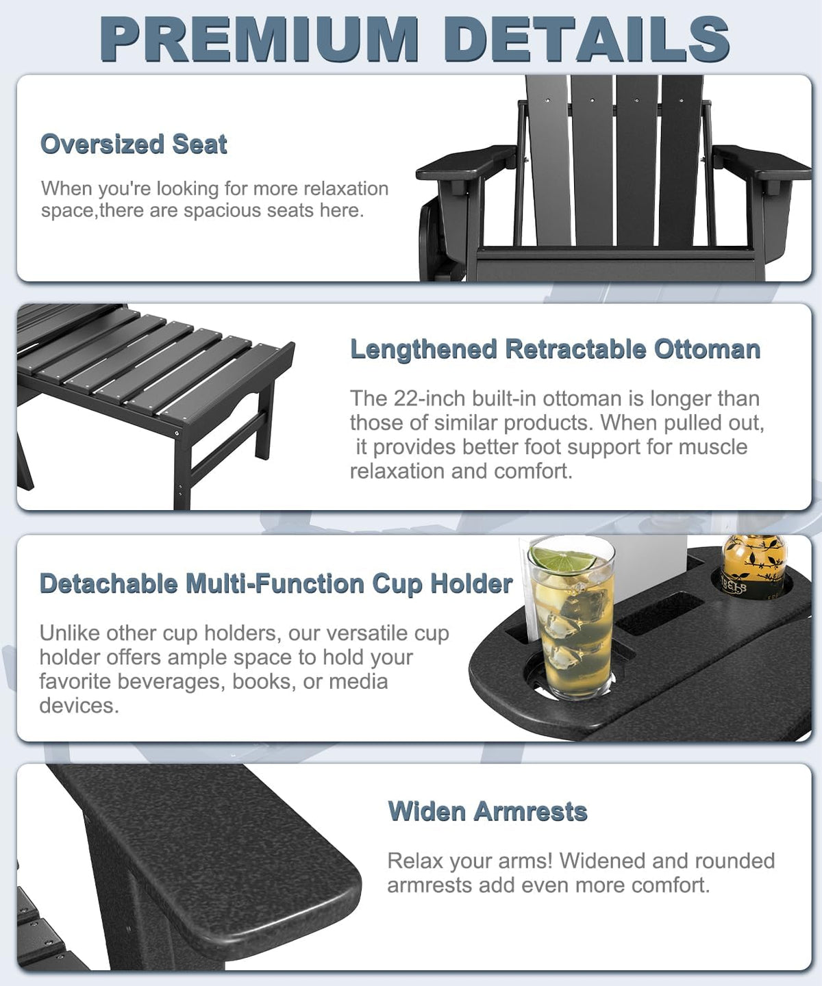 NAVINE Adjustable Adirondack Chair Set of 2 with Retractable Ottoman, Black