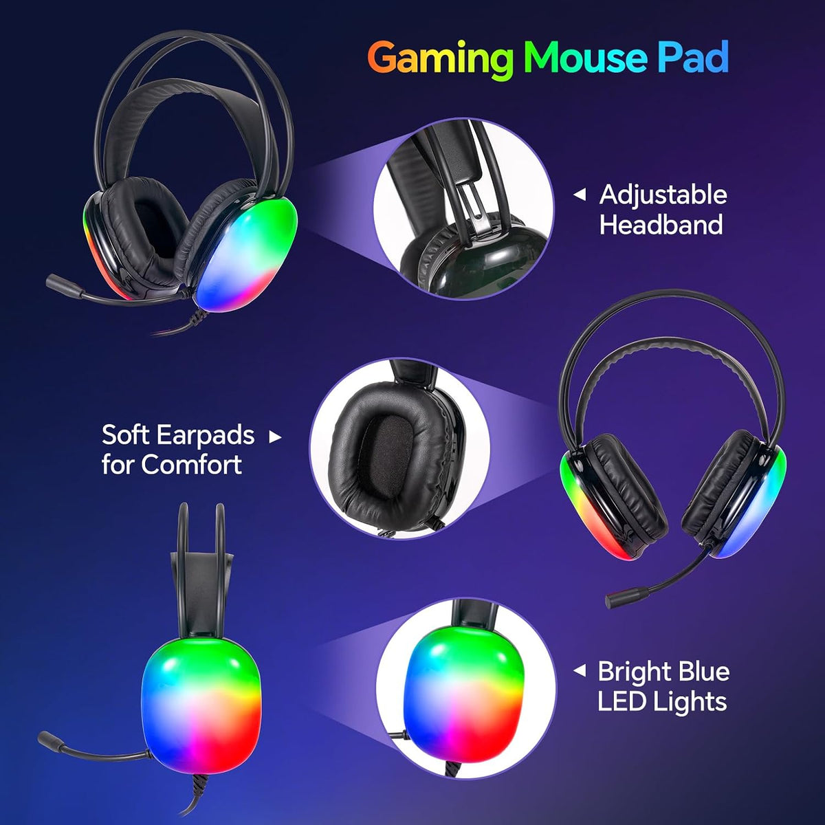 Gaming Keyboard and Mouse, Headset, Mouse Pad Combo, 10 RGB Backit Effects