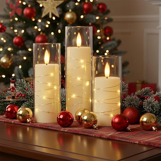 Raycare Flameless Candle with Remote Timer, 7 Flickering Acrylic Battery Operated LED Pillar Candles with Embedded Star String for Halloween, Home Decor, and as a Gift(Ivory) (7 Pack)