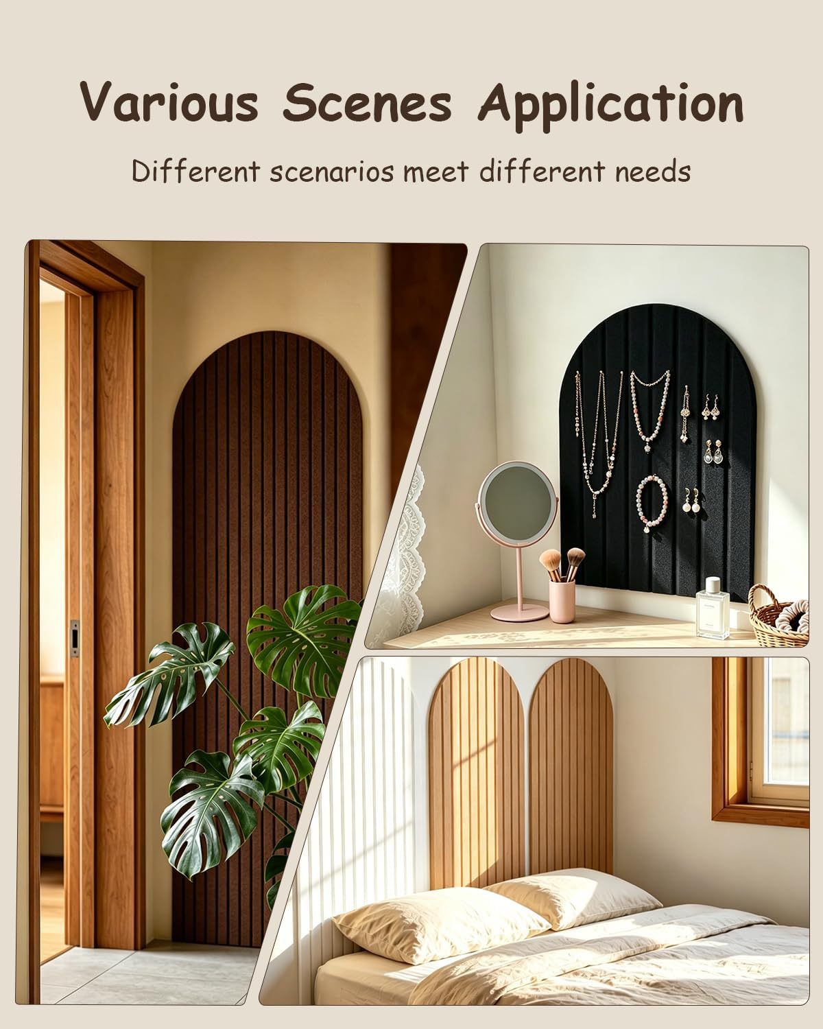 Foldable Bulletin Board 47x24 inches, 0.35" Thick Felt Wall Tiles, Large Cork Board with Adhesive Sticker, Round Edges Wall Panels for Office Bedroom Living Room, Decorative Board (Beige)