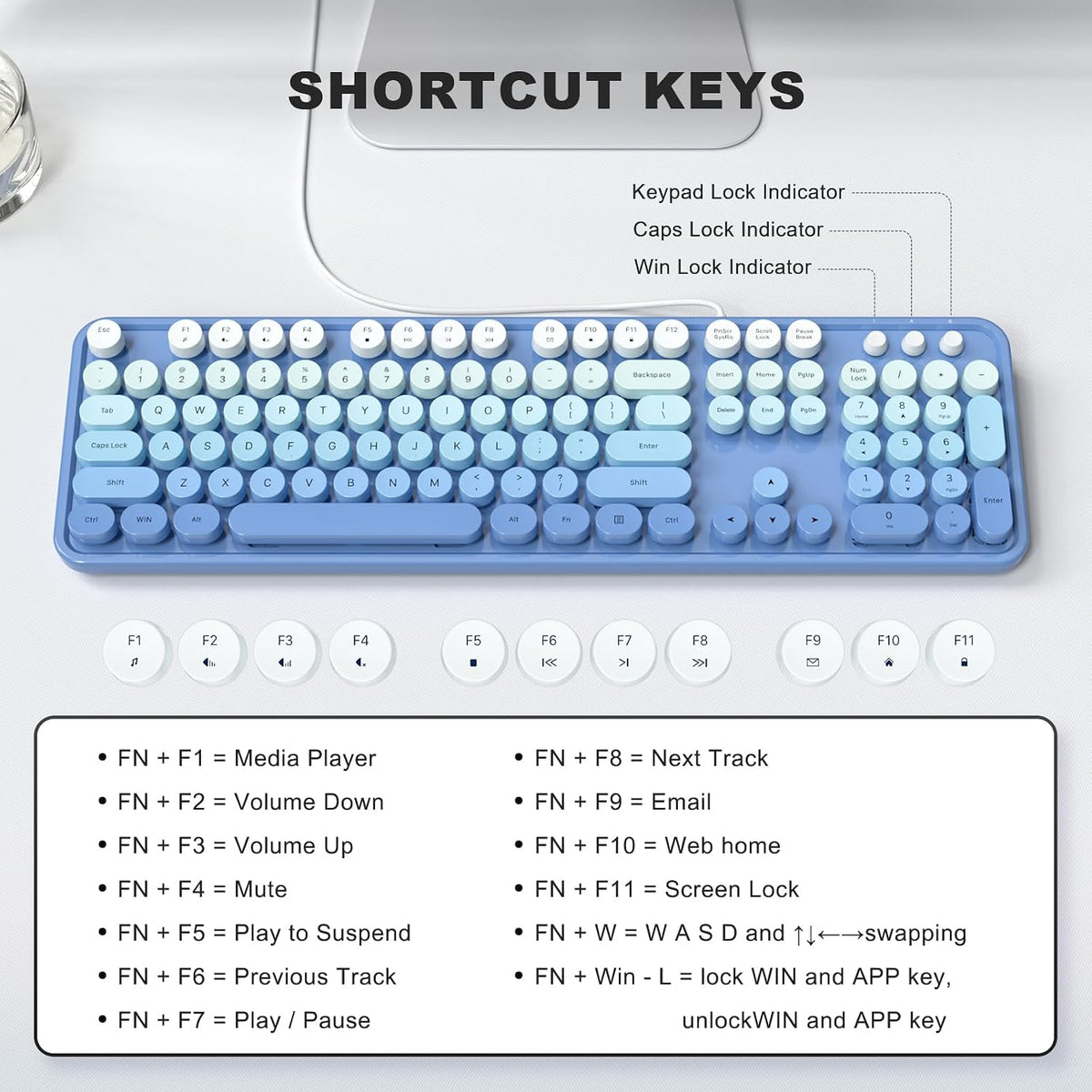 Wired Retro Keyboard, 104 Keys Full-Sized Typewriter Keyboards, Office Keyboard with Number Pad, Foldable Stands for Windows, PC, Laptop, Desktop (Blue Gradient)