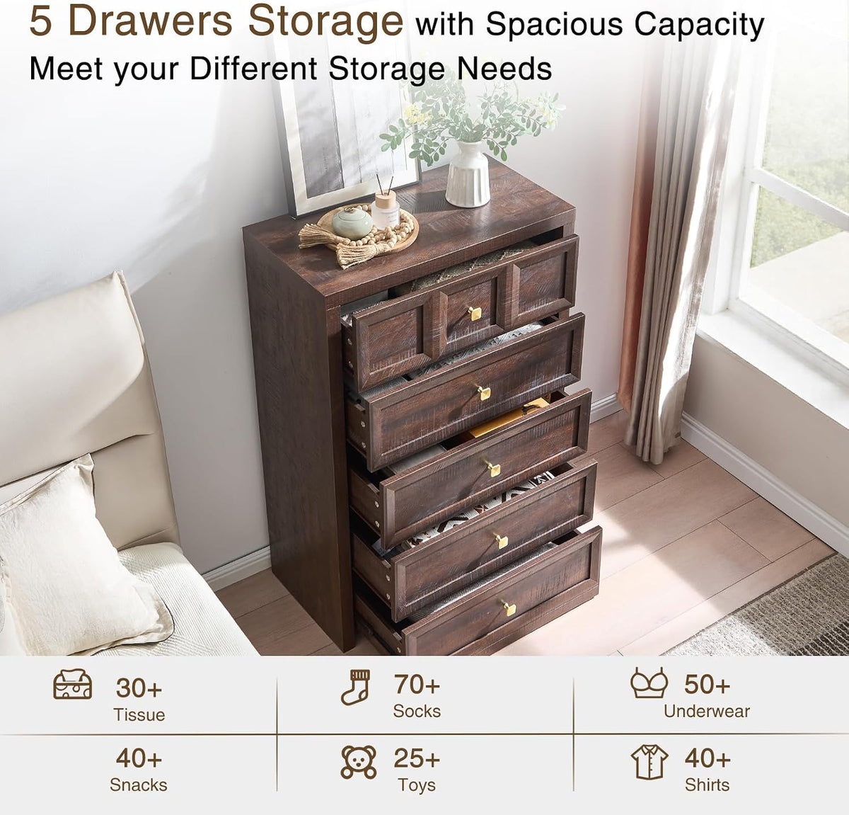 5 Drawers Dresser for Bedroom, 45.7" Tall Large Dresser & Chests of Drawers with Metal Handle, Clothes Storage Organizer w/Natural Texture for Bedroom, Brown