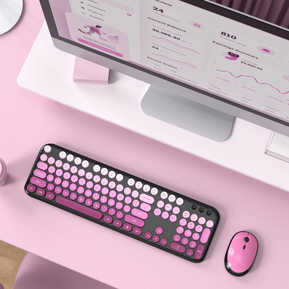 Dilter Wireless Keyboard and Mouse Combo, 104 Keys Full Size Typewriter Keyboards, 2.4G USB Plug and Play for Windows 7 8 10 11, PC, Laptop, Desktop, Black & Pink