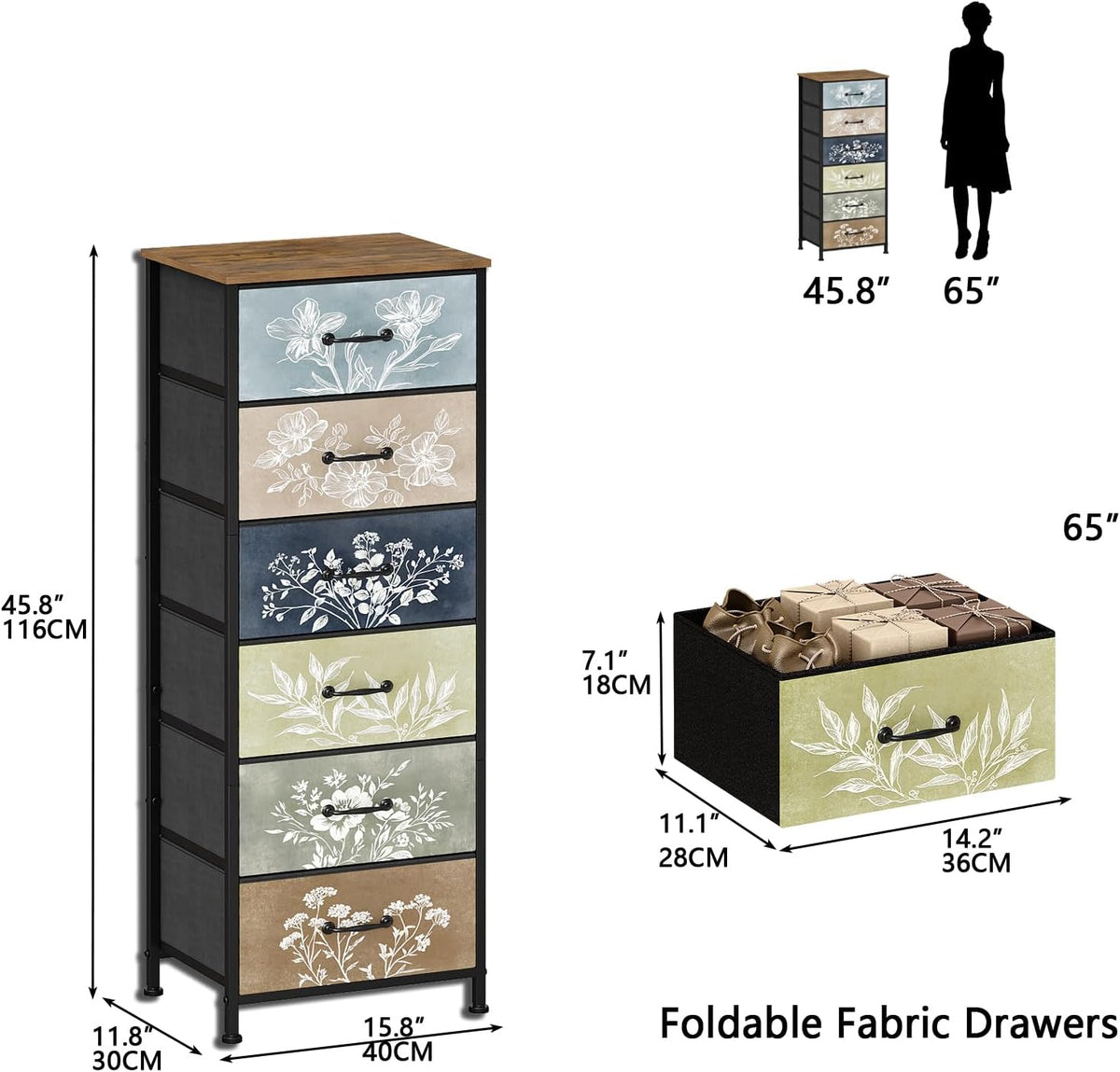 Tohomeor Vintage Dresser Vertical Nightstand with Neutral Botanical Plant Fabric Chest Drawers for Closet Bathroom Storage Tower Unit Bed Side Organizer Farmhouse Rustic (Rustic Brown, 6 Drawers)