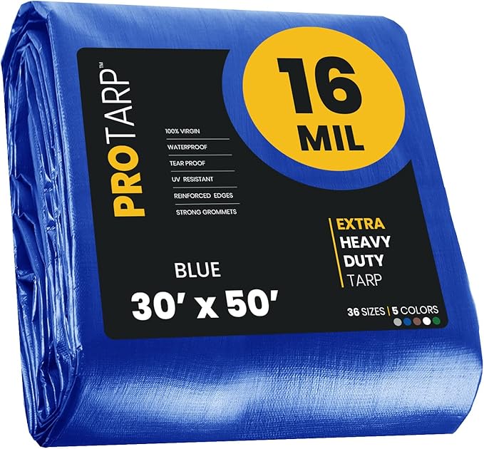 PROTARP Extra Heavy Duty 16 Mil Tarp Cover, Waterproof, UV Resistant, Rip and Tear Proof, Poly Tarpaulin with Reinforced Edges for Roof, Camping, Patio, Pool, Boat. (Blue 30′ X 50′)