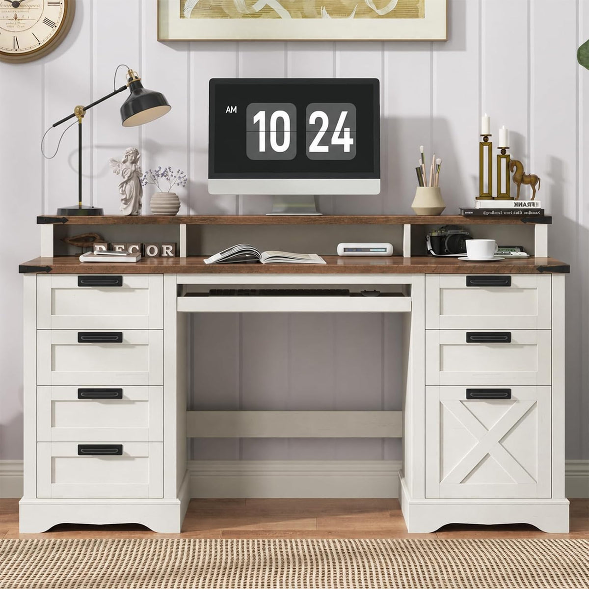 Halitaa 60" Farmhouse Executive Desk with 8 Drawers, Rustic White and Brown