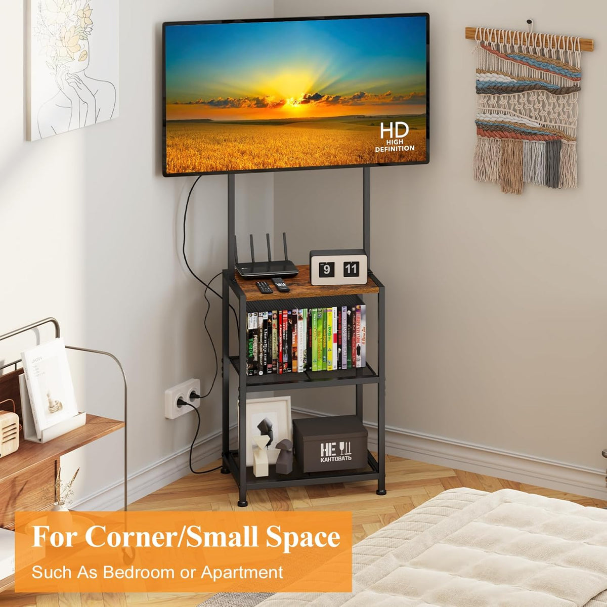 14 Inch to 42 Inch Small Corner TV Stand for Bedroom With 3 Tiers Storage Shelves, Floor Universal Television Stand With Mount For 40 Inch 32 Inch TV,Brown TV Table Shelf With Adjustable Feet, Sturdy
