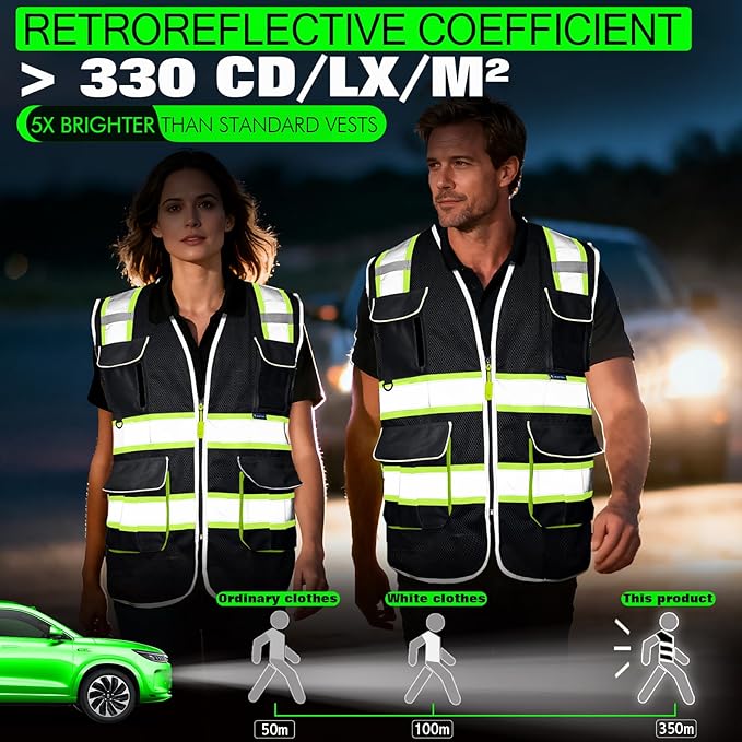 BeautyWill Safety Vest Class2 ANSI Certified Custom Logo High Visibility Reflective Vest for Men -10 Pockets Personalized Logo Heavy-Duty Work Vest（Mesh Black，4XL）