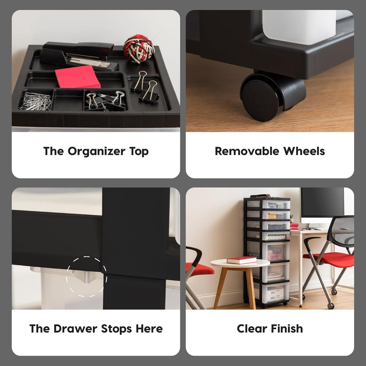 IRIS USA Plastic Drawer Storage Organizer Rolling Cart, with Wheels Casters, 7-Drawers, for Classroom Art Craft Supplies Dresser Closet Bathroom Laundry Room, Black/Clear