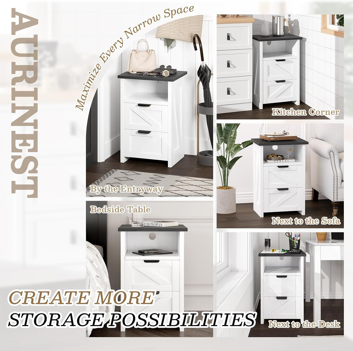 Farmhouse Night Stand Set of 2 with Charging Station, Bedside Table w/2 Drawers & Storage, Rustic End Tables for Bedroom, Living Room, Small Spaces, Home Office, White