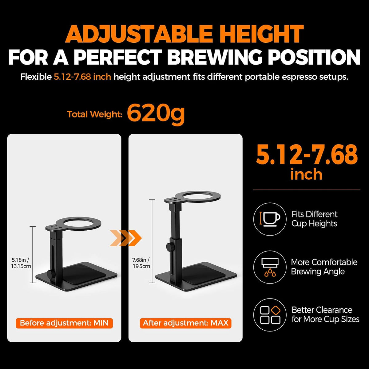IKAPE Adjustable Portable Coffee Maker Stand, Aluminum Alloy Universal Coffee Machine Holder with Anti-Slip Base, Height Adjustable 13–19.5cm, for Home, Office & Camping