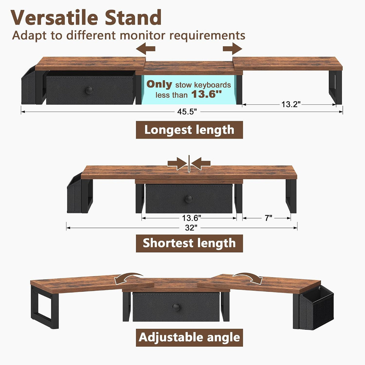 LAND·VOI Heavy Duty Dual Monitor Stand, Holds 2 Screens Up to 27 Inches, Adjustable Length and Angle Monitor Riser, Desk Organizer with Side Pockets and Drawers, Home Office Desk Storage, Rustic Brown