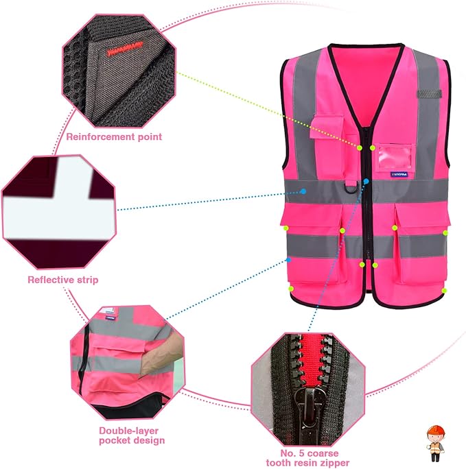 A-SAFETY Pink High Visibility Vest,Reflective Safety Vest Workwear,7 Pockets Hi Vis Durable Vest with Reflective Tapes 4 Lower Pockets,3XL