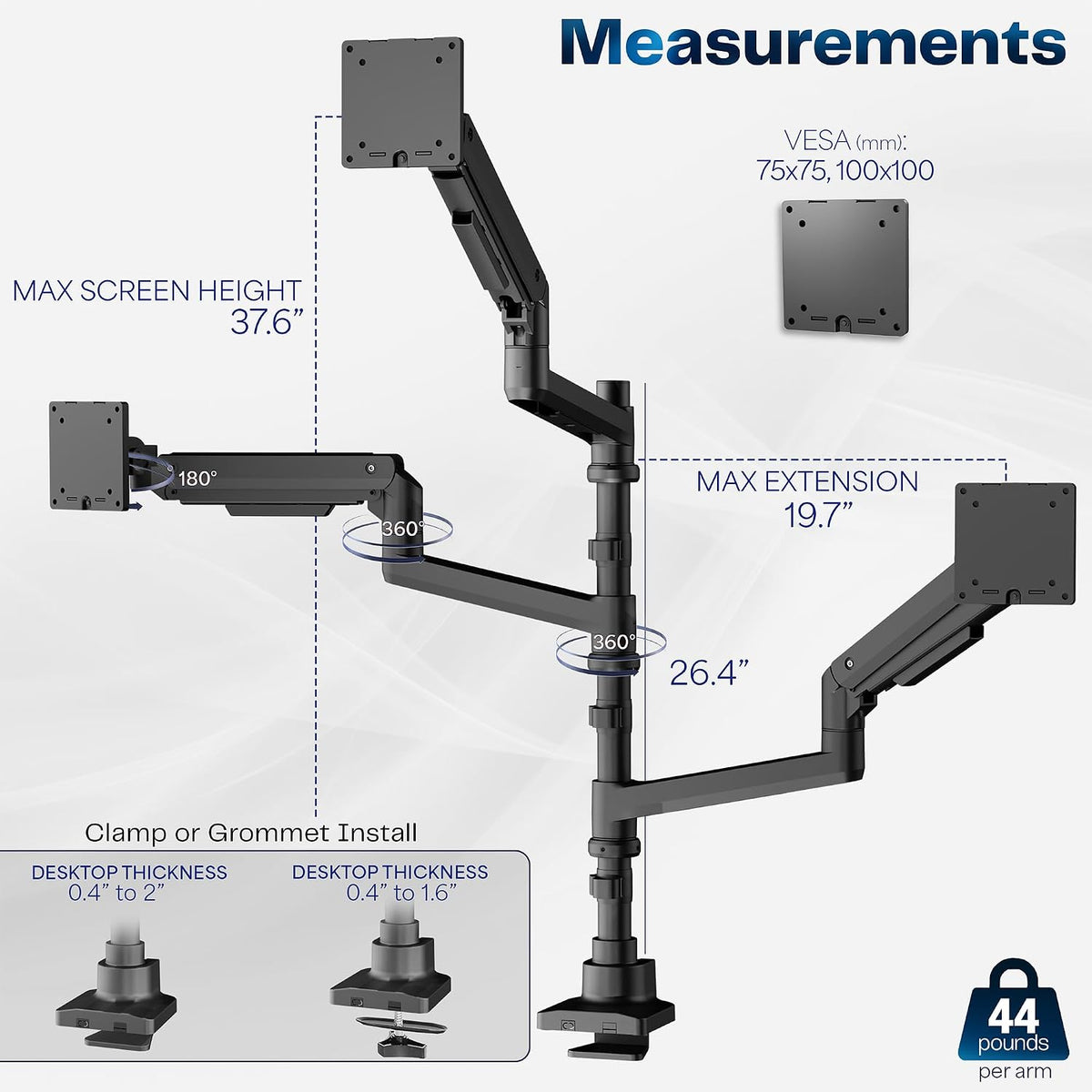 VIVO Pneumatic Arm Triple Ultrawide Monitor Extra Tall Desk Mount for Up to 49 inch Screens, Heavy Duty Clamp, Holds 3 Ultra Wides Up to 44 lbs, Black, STAND-V300D