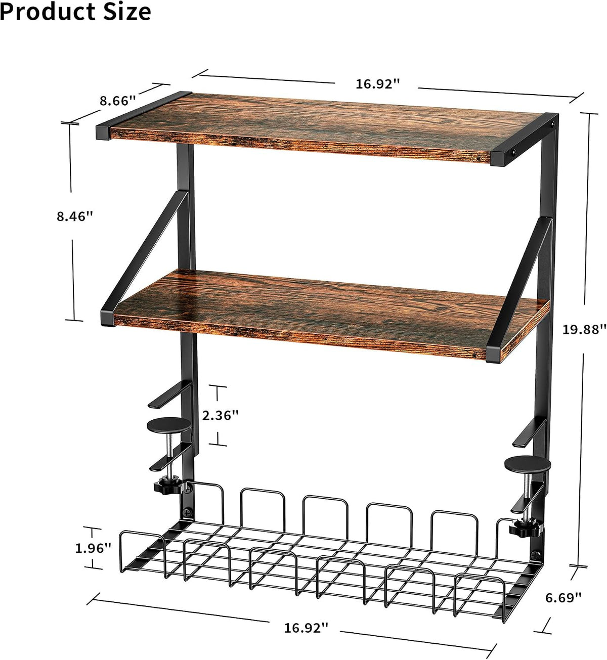 Clamp on Desk Shelf, 19in 3-Tier Desk Shelves Organizer with Under-Desk Hidden Storage Basket, Desktop Supplies Storage Rack for Home Workspace, Study Rooms,Gaming Devices