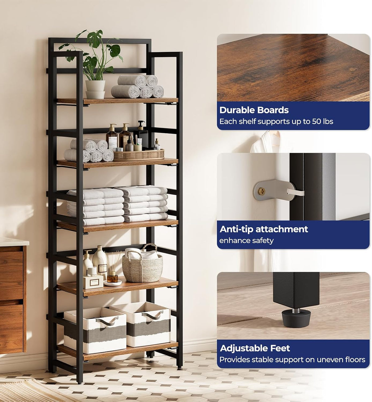 NUMENN 5-Tier Folding Bookshelf, Splits Into 2 Units, Vintage