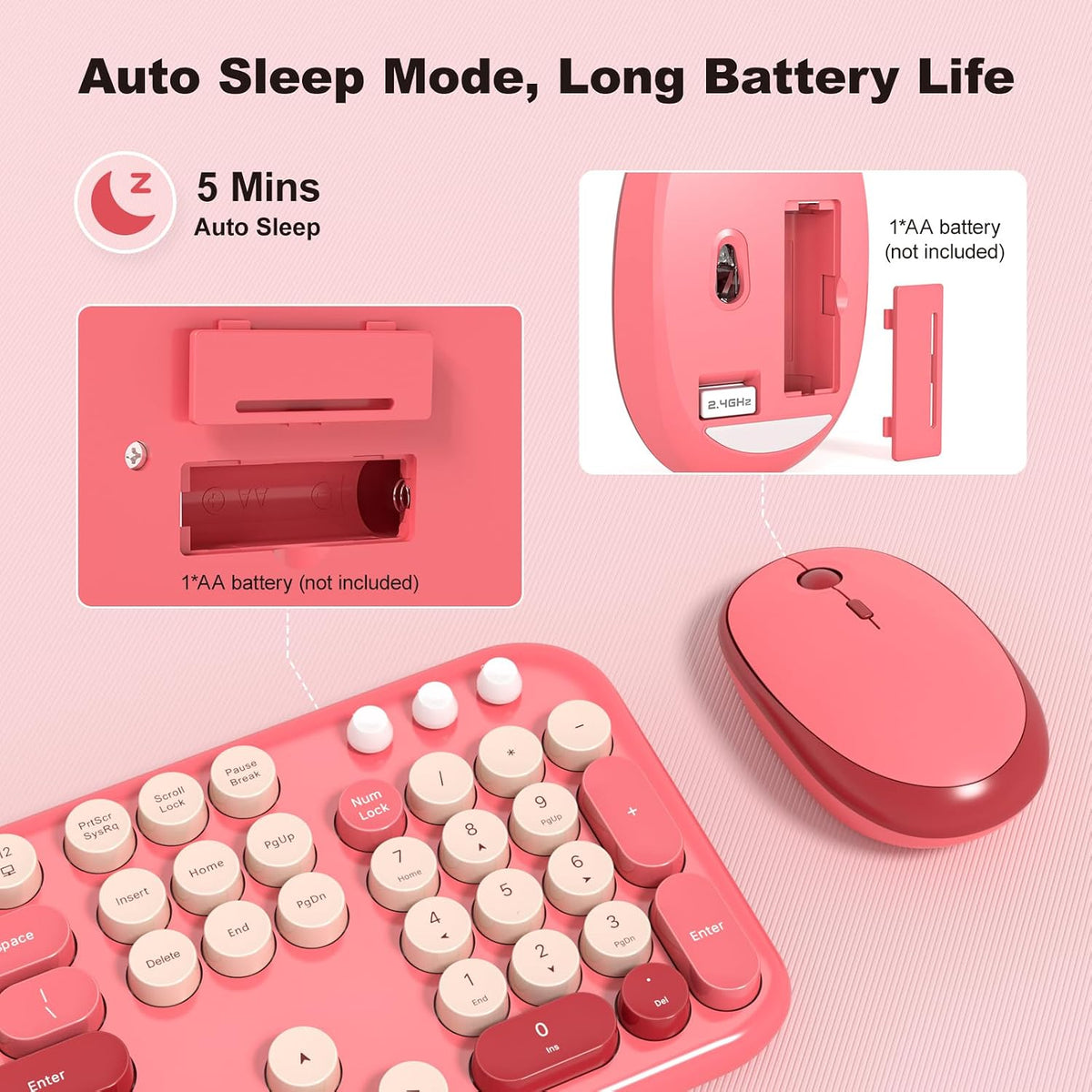 MOFII Wireless Keyboard and Mouse Combo, Cute Keyboard Full Size and Wireless Mouse, 2.4GHz Retro Typewriter Keyboard Mouse Set for PC/Desktop/Laptop/Windows (Hot Pink)