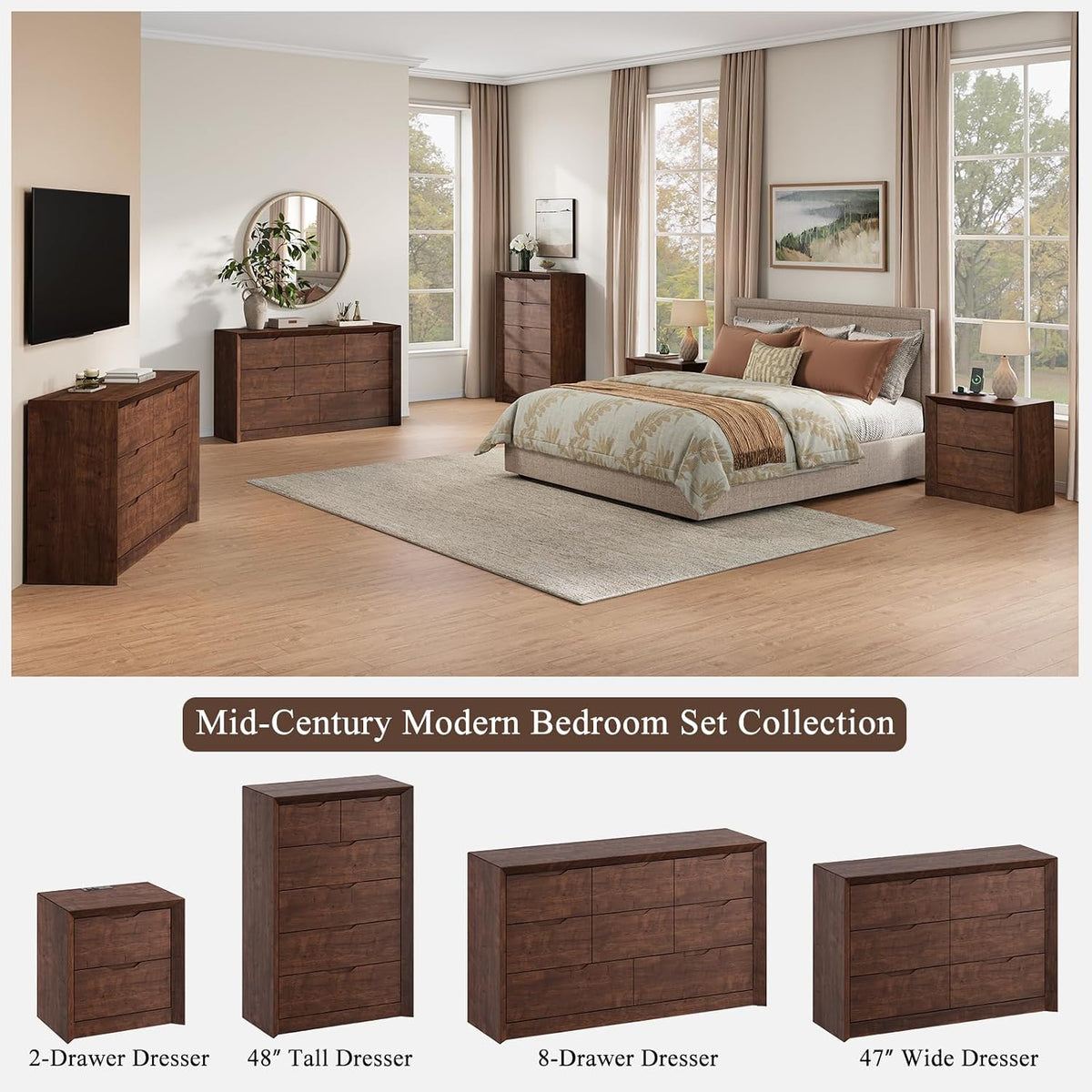 YANSNWO Walnut 6 Drawer Dresser for Bedroom, 47.4" Tall Chest of Drawers