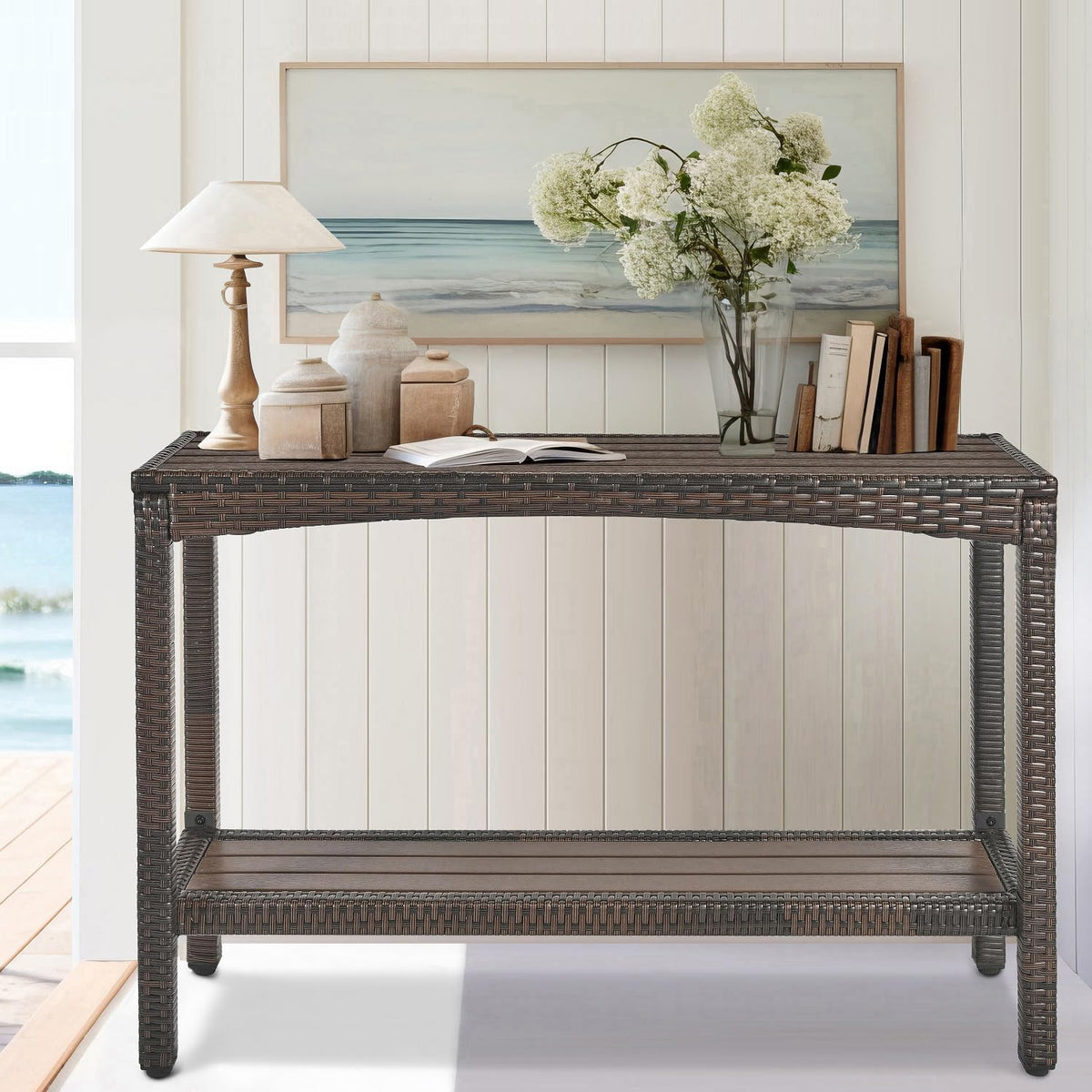 Outdoor Console Table Patio Buffet Bar Storage Organizer 45" Long Wicker Sofa Serving Sideboard Table 2-Shelf Outdoor Bar Table Tall Rectangle Narrow with Adjustable Feet for Entryway Balcony Brown