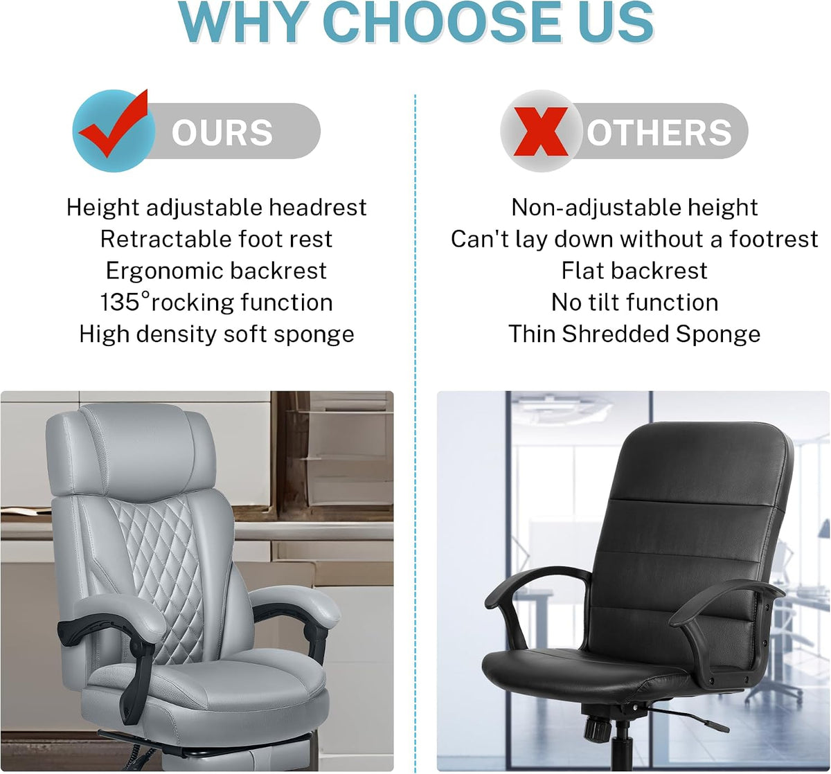 Executive Leather Office Chair, Big and Tall Office Chair with Footrest Home Office Desk Chairs, Ergonomic Computer Desk Chair with Lumbar Support, Reclining Desk Chair with Adjustable Angle