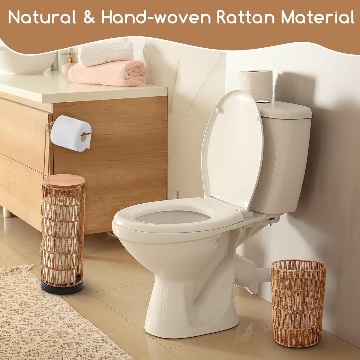 Geiserailie 2 Pcs Wicker Toilet Paper Holder and Wicker Waste Basket Set Boho Woven Toilet Paper Storage with Lid Rattan Bathroom Trash Can for Bedroom, Bathroom, Kitchen, Office, Balcony