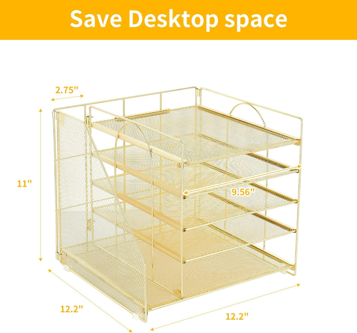 LEKETREE Desk Organizers and Accessories, 5-Tier Paper Letter Tray Organizer with File Holder, Desktop Organizer for Office Supplies (Gold)