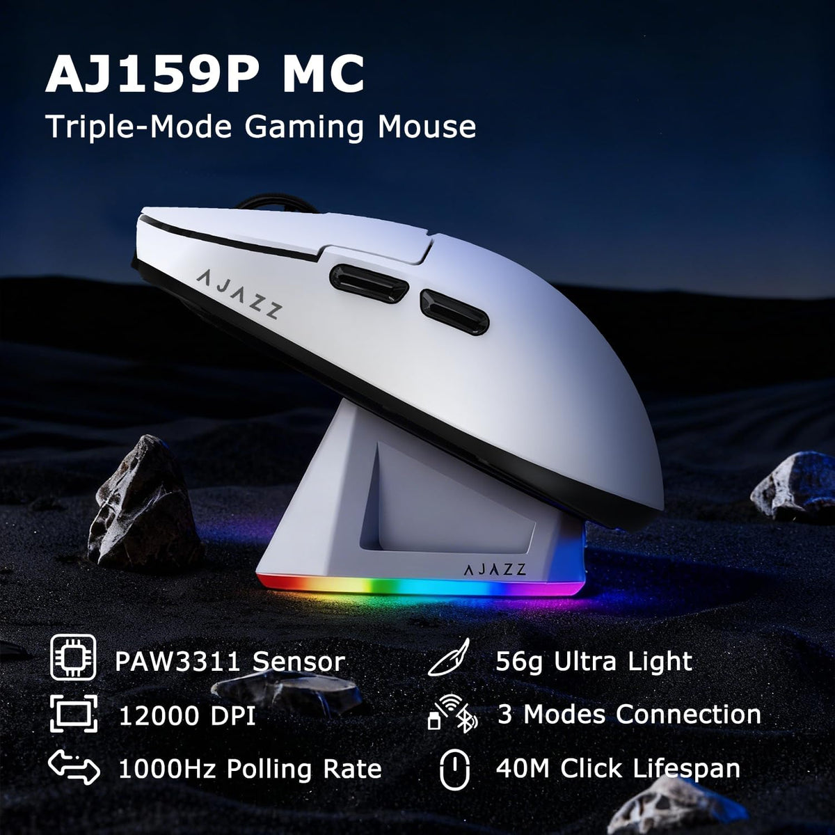 AJ159P MC Wireless Gaming Mouse, 12000 DPI, Tri-Mode 2.4G/Bluetooth/Wired, Magnetic RGB Charging Dock, 56g Ultra-Light, Programmable 6 Buttons - Perfect for Gaming, Work & Travel (White)