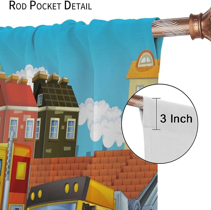 Kids Cartoon Construction Window Curtains, Funny Construction Site Cars and