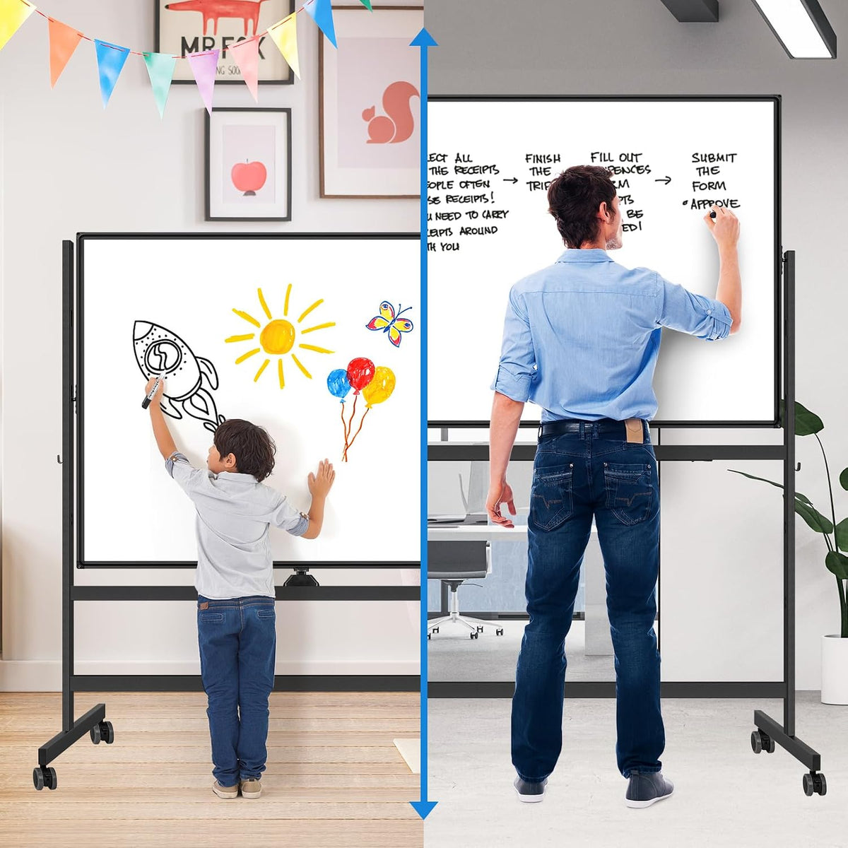 Maxtek Rolling White Board on Wheels 48x36 in, Double-Sided Magnetic Black
