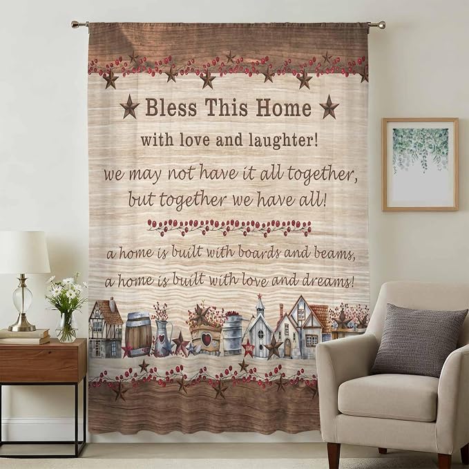 Farmhouse Sheer Curtains 96 Inch Length Brown Country Star Berry Vintage Wood