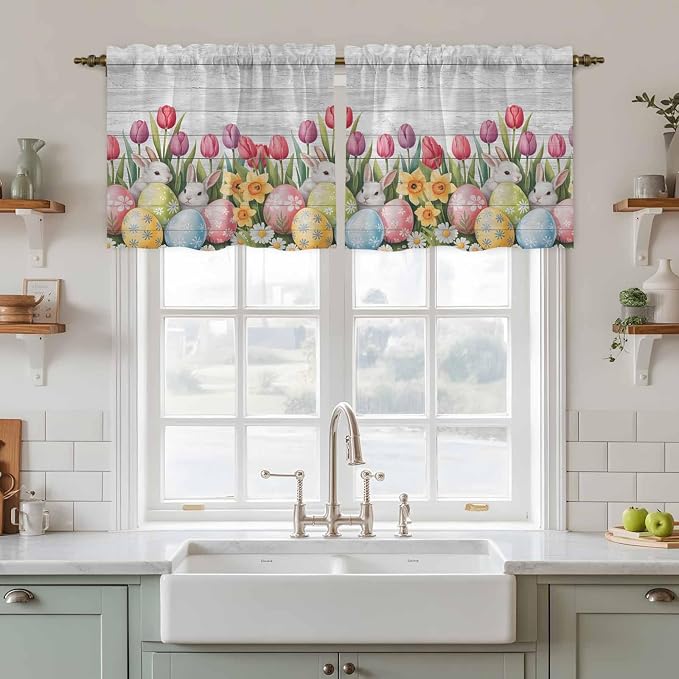 Easter Kitchen Tier Curtains 24 Inch Long 2 Panel Set, Rod Pocket Cafe Small