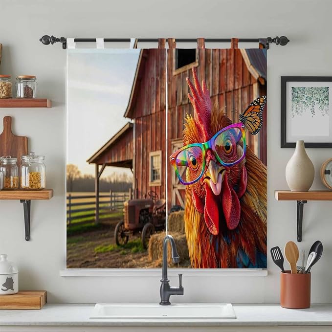 Farm Rooster Living Room Curtains 84 Inch Length, Window Curtains Tab Top