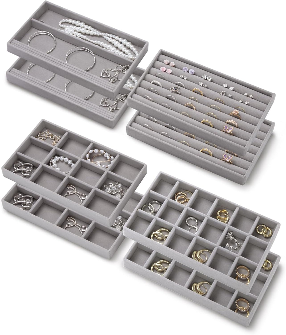 Velvet Jewelry Trays,Jewelry Organizer Trays for Drawer,Set of 8,Gray