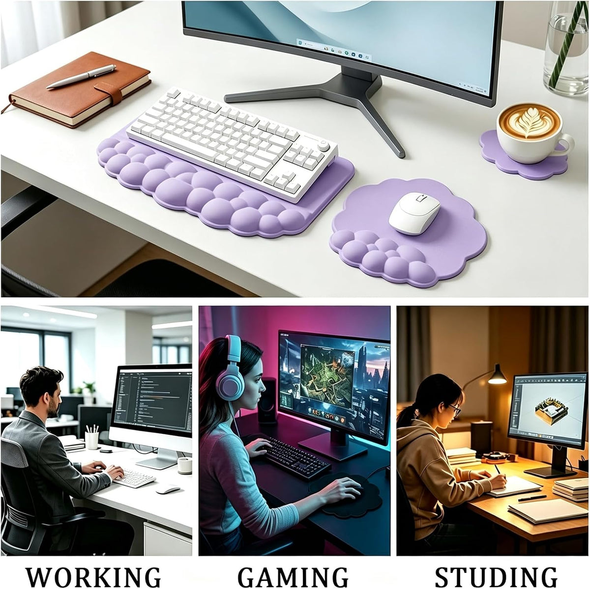 Cloud Keyboard Wrist Rest Set, 3 in 1 Ergonomic Memory Foam Keyboard Stand Pad with Mouse Wrist Support & Cup Holder, Anti-Slip Desk Cushion for Office Gaming Typing Pain Relief, Purple