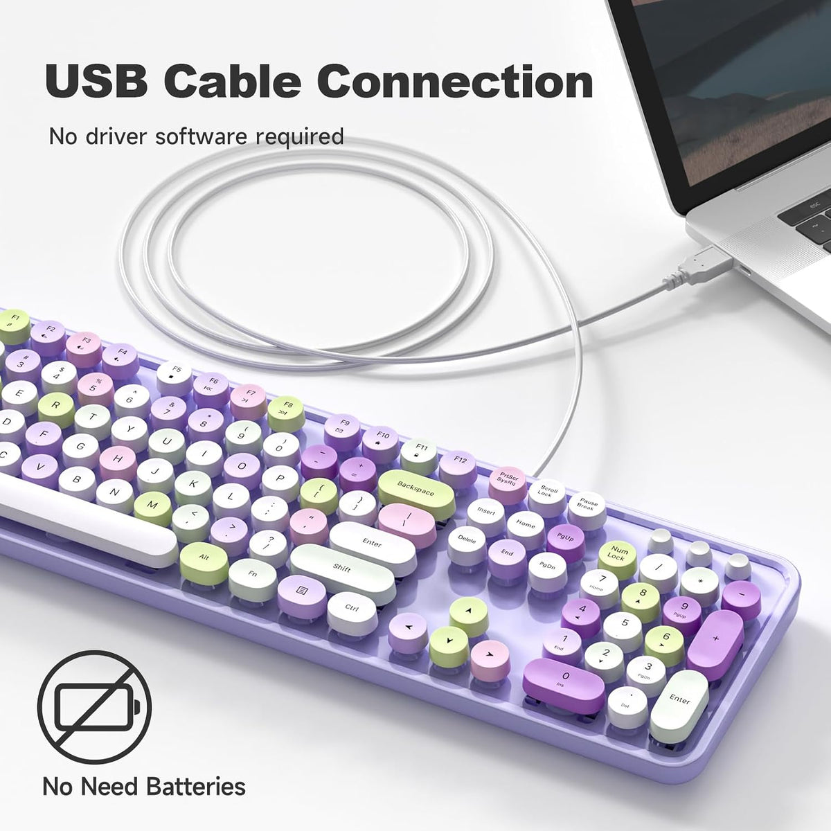 Atelus Computer Wired Keyboard, Plug Play USB Full-Size Keyboard with Large Number Pad, Caps Indicators, Foldable Stands, for Windows 7/8/10 PC Laptop (Purple Colorful)