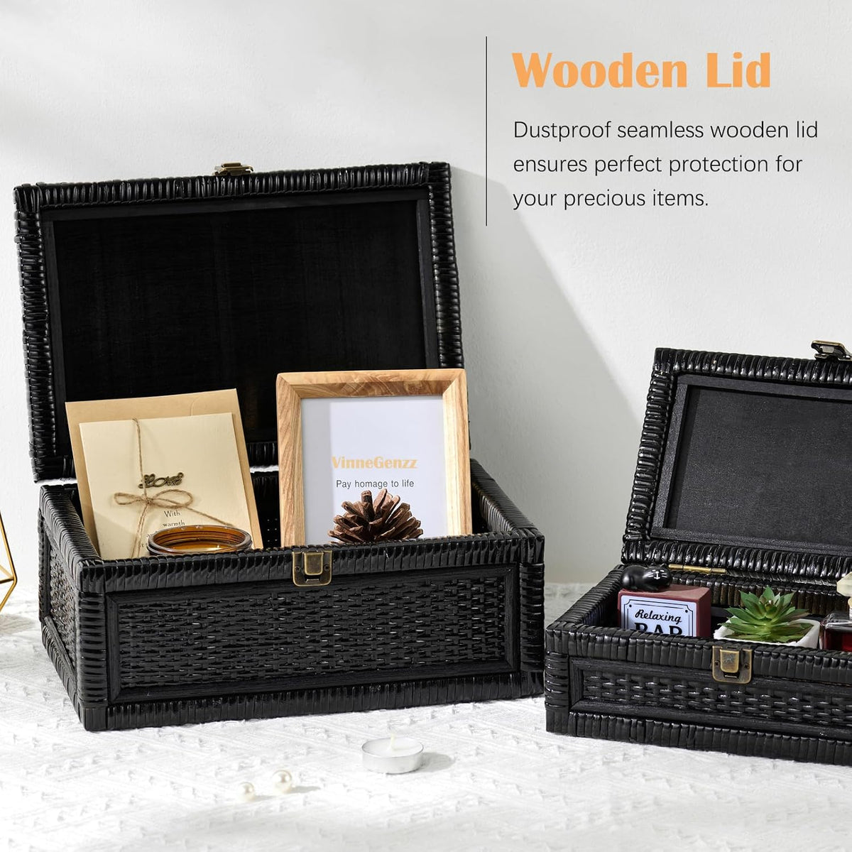 2PCS Rattan Box with Lid Decorative Natural Handmade Boho Basket