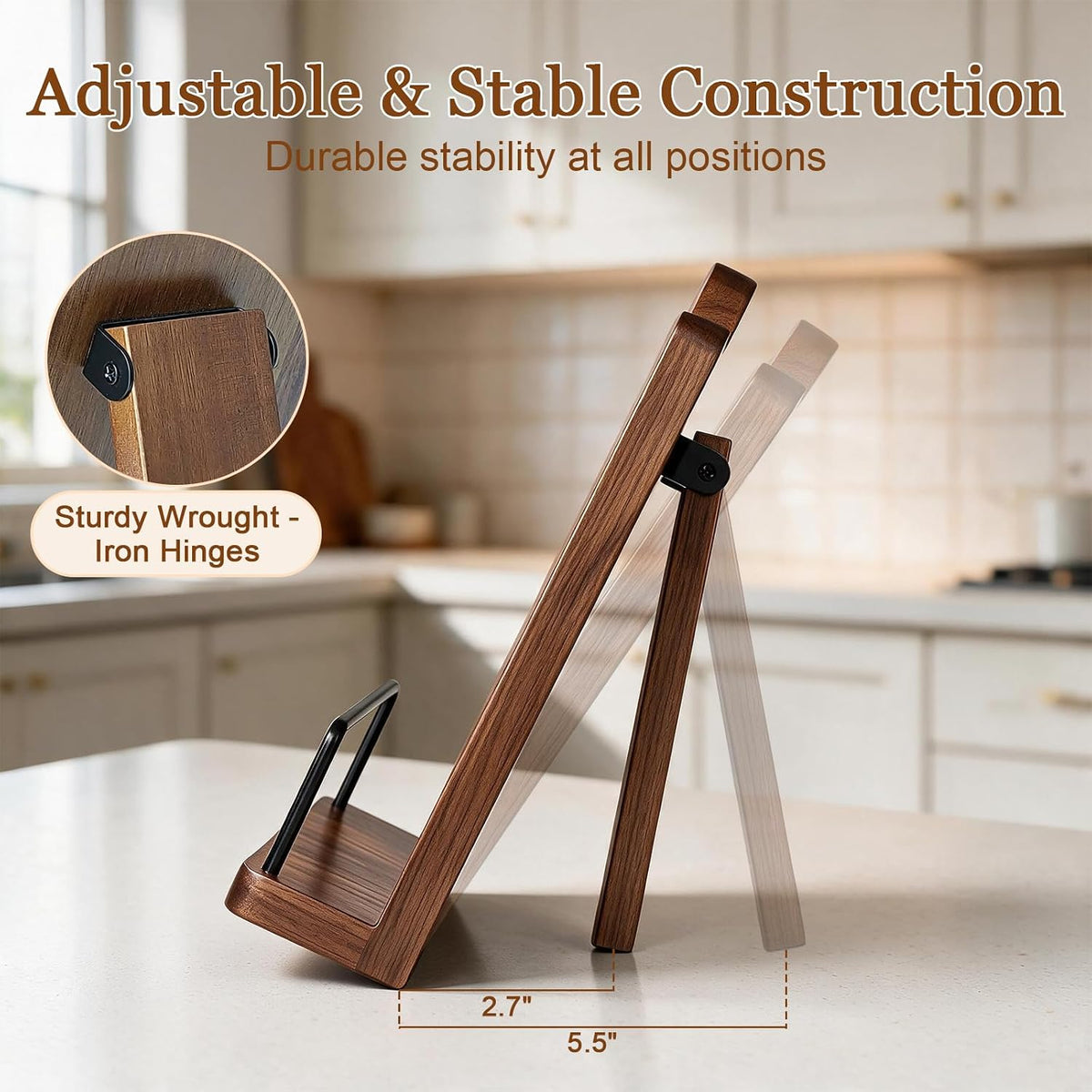 Acacia Wood Cookbook Stand for Kitchen Counter - Wooden Recipe Book Holder