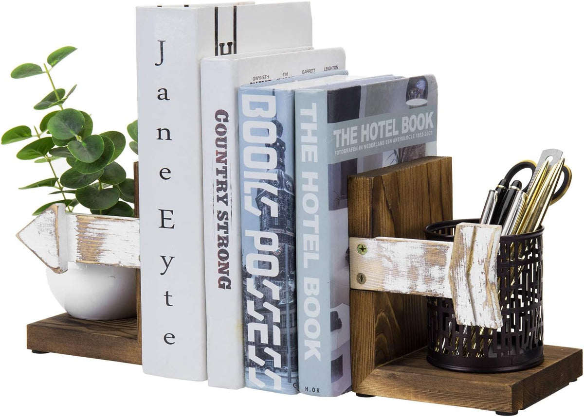 MyGift Farmhouse Bookends, Rustic Book Ends Kitchen, Tabletop Boho Bookend Support Stands, Whitewashed Arrow Design and Burnt Dark Brown Wood