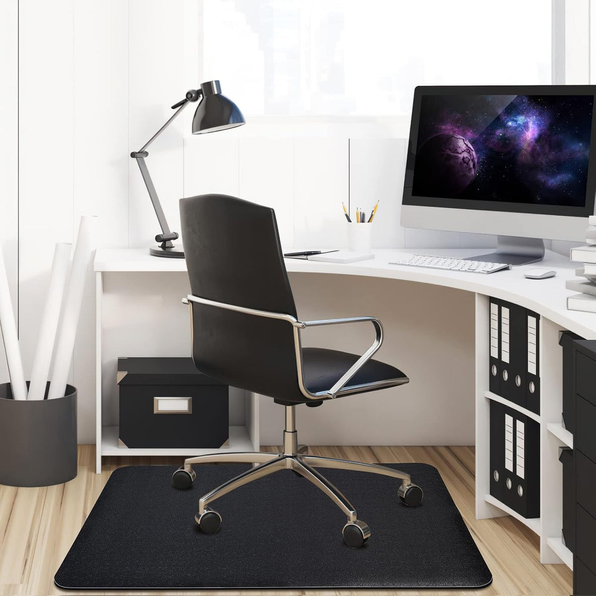 Office Rolling Chair Mat for Hardwood and Tile Floor, Black, Anti-Slip, Non-Curve, Chair Mat Best for Under the Computer Desk, 47 x 35 Rectangular Non-Toxic Plastic Protector, Not for Carpet