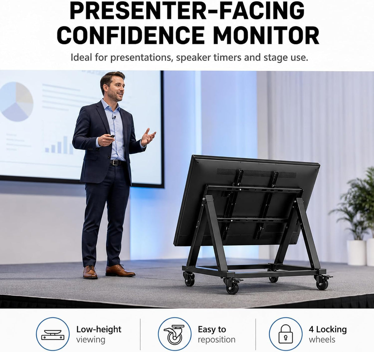 Low Height Mobile TV Stand with Wheels, Confidence Monitor Stand for 26-65 Inch TVs, Heavy Duty Rolling Floor TV Cart, VESA 200x200 to 600x600, 30° Tilt, Cable Ties Included
