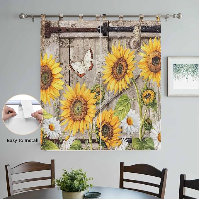 Farmhouse Sunflowers Bathroom Curtains 63 Inch Length, Window Curtains Tab Top