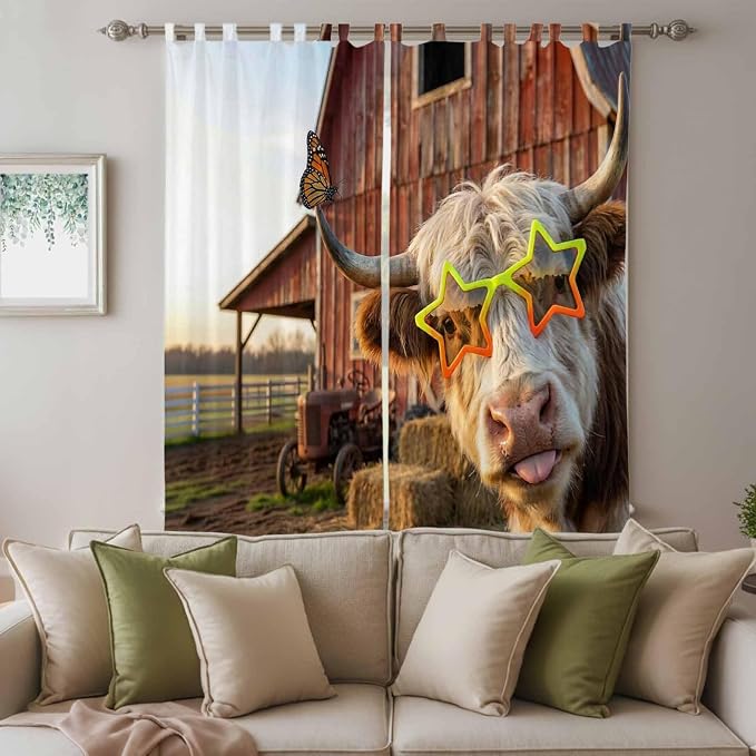 Farm Yaks Living Room Curtains 96 Inch Length, Window Curtains Tab Top