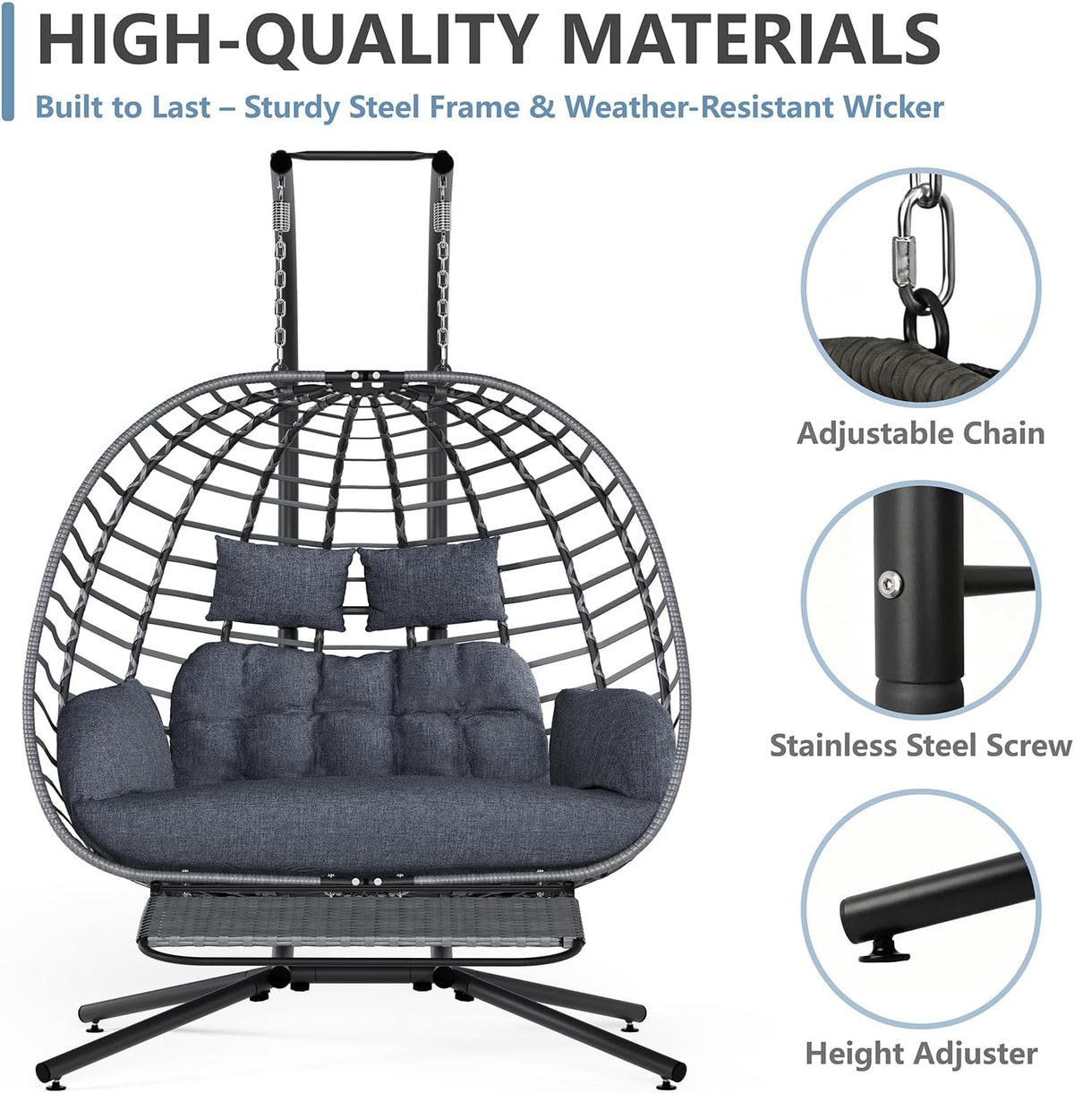 SWITTE Double Egg Chair Outdoor with Stand & Footrest, Patio Swing, Gray