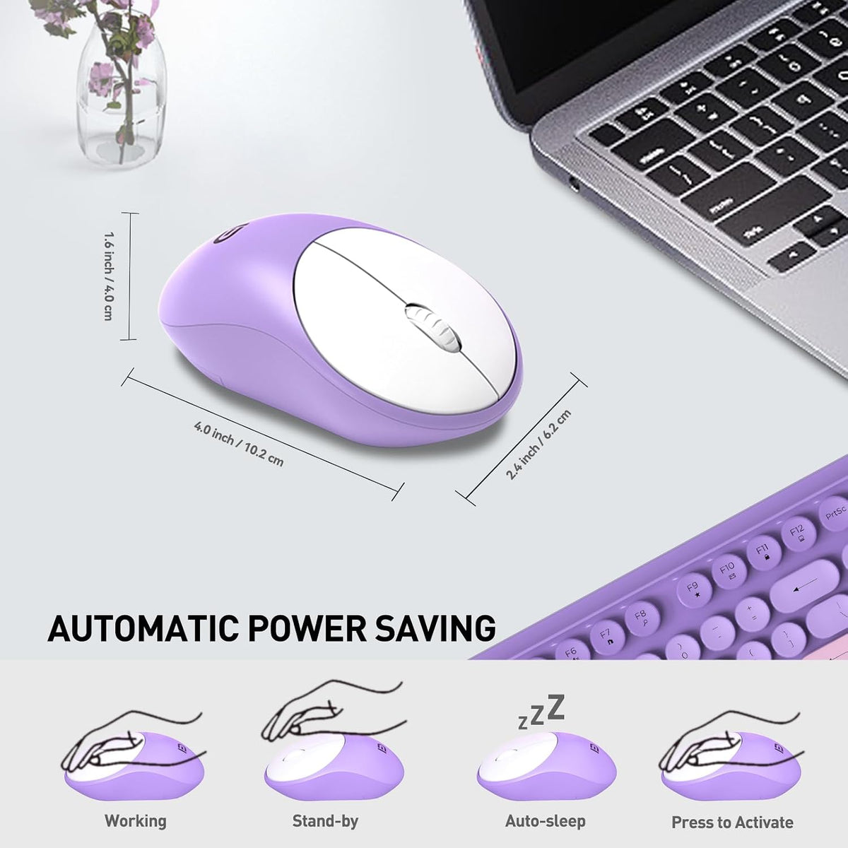FD Wireless Keyboard and Mouse Combo - 2.4G Full-Sized Cute Colorful Mouse and Keyboard with 104 Round Keys Retro Typewriter Keyboards for Laptop/Windows/PC - Purple Gradient