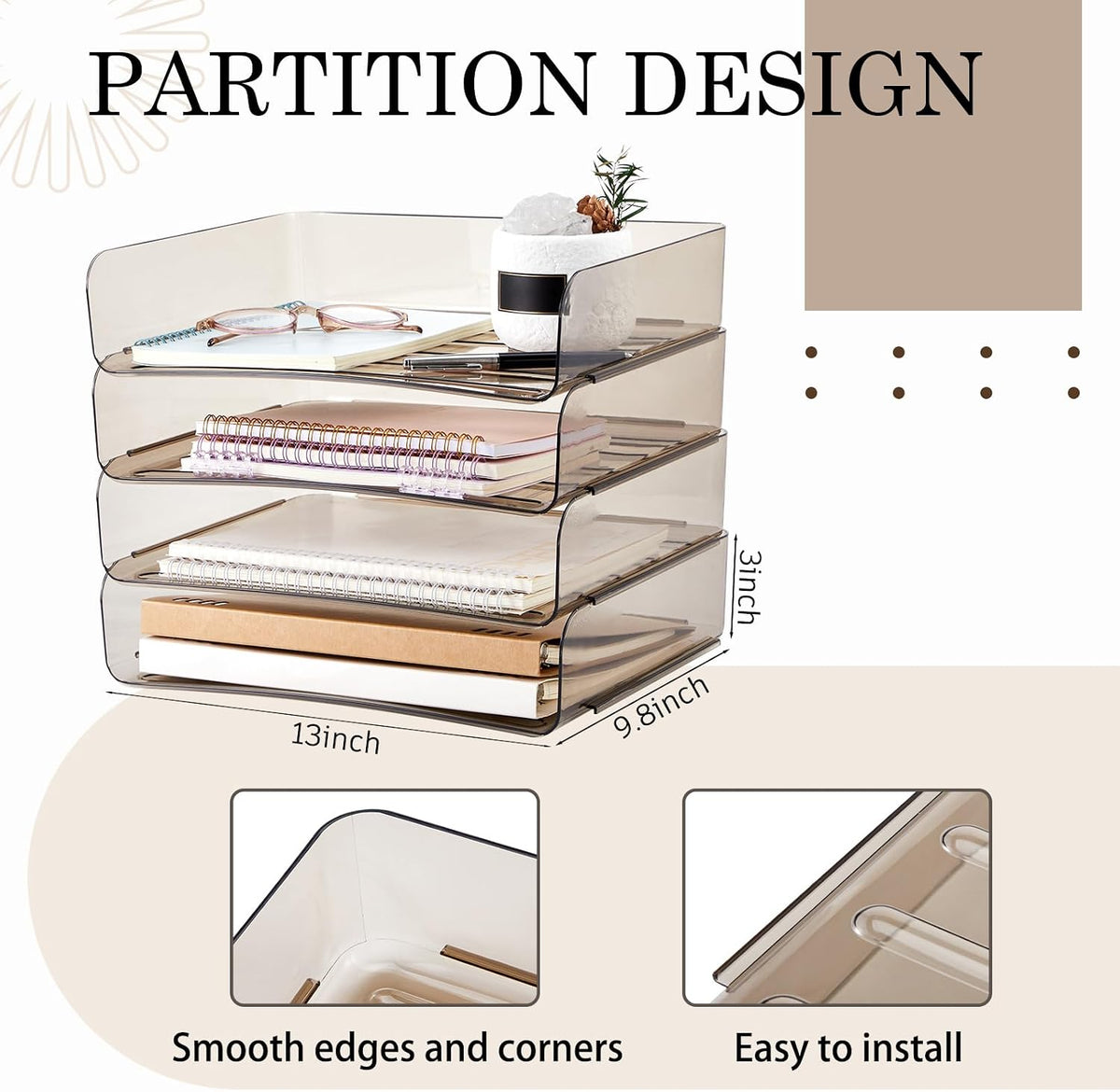 Harloon 4 Tier Paper Organizer Clear Gray Letter Tray Acrylic File Tray